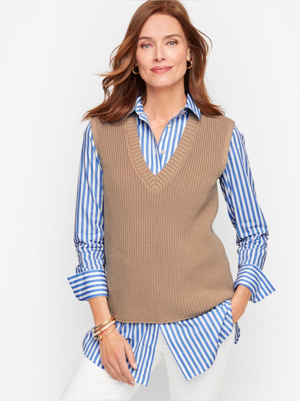 Talbots SHAKER STITCH Knit V-Neck Sweater Vest in Taupe Size Mp